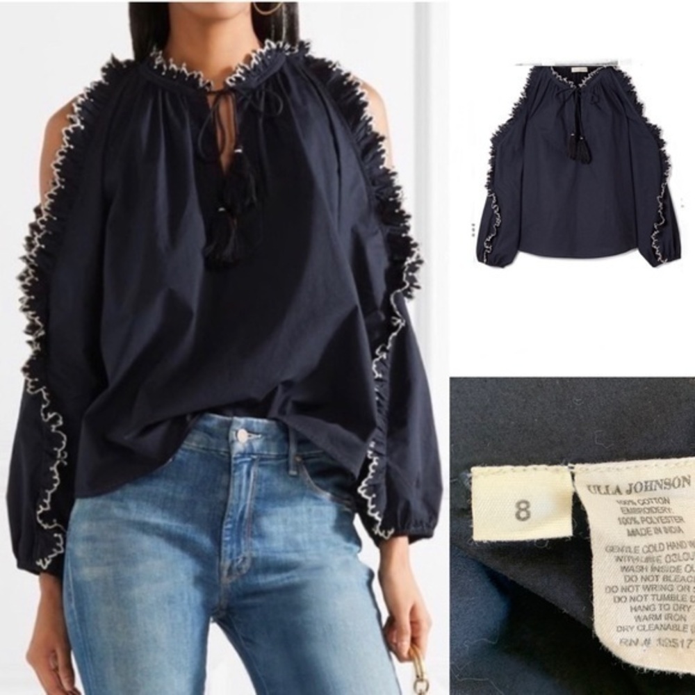 ULLA JOHNSON Blue Amandine Embroidered Cotton Cold Shoulder Ruffle Blouse - Sz 8